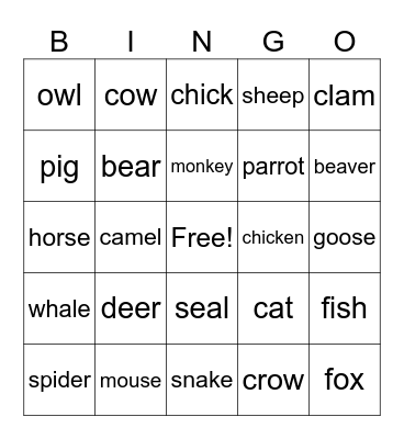 animal Bingo Card