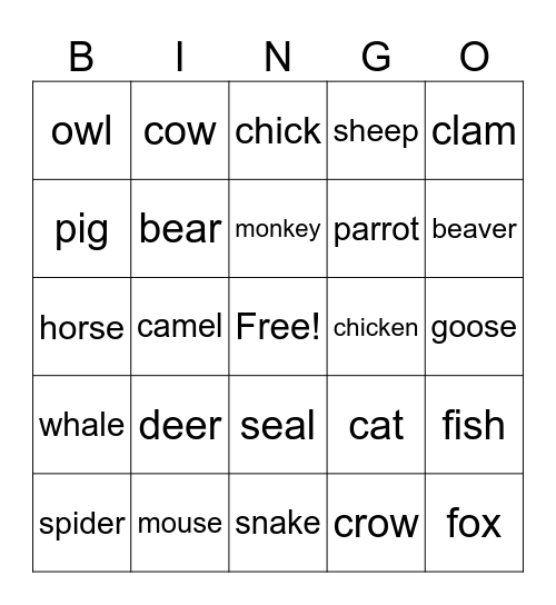 animal Bingo Card
