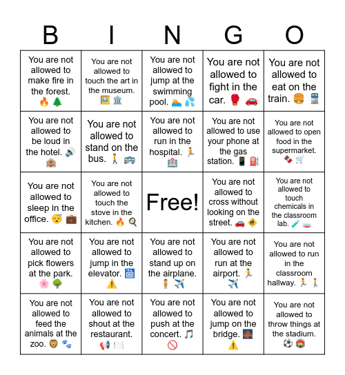 B16 L4 You are not allowed to be loud in the hotel. 🔊 🏨 Bingo Card