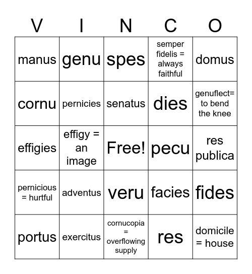 4th & 5th Declension Nouns Bingo Card