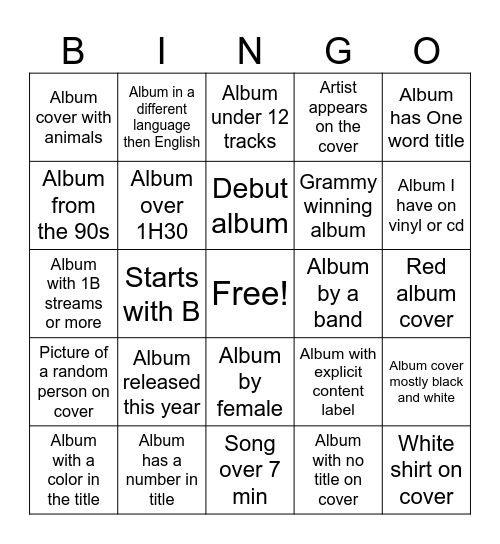 Spotify album bingo Card