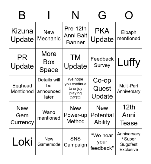 Version 16/OPTC Letter Predictions Bingo Card