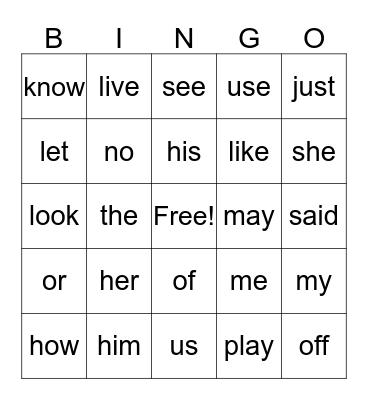 KDG and First Sight Word Bingo 12017 Bingo Card