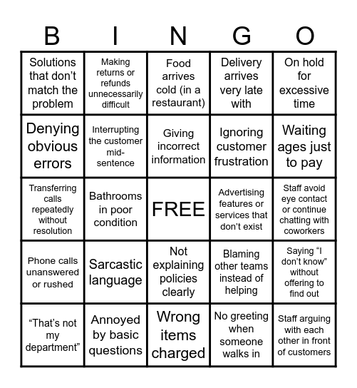 Bad customer service Bingo Card