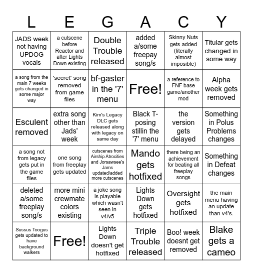 VS IMPOSTOR LEGACY BINGO CARD Bingo Card
