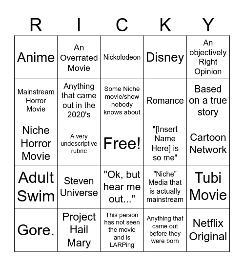 My name is Ricky and I like to sing mimimi Bingo Card