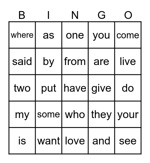 Heart Word Bingo Card