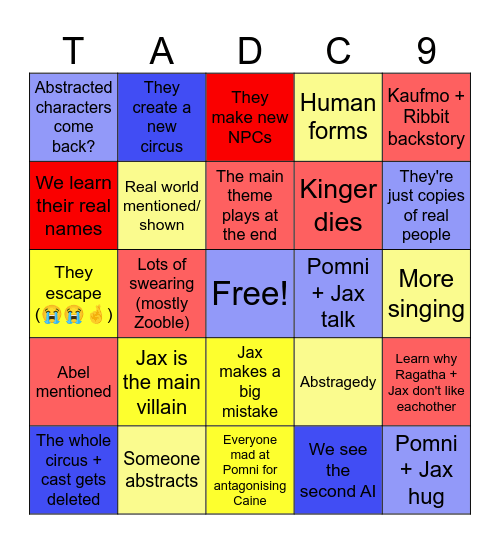 TADC Episode 9 predictions Bingo Card