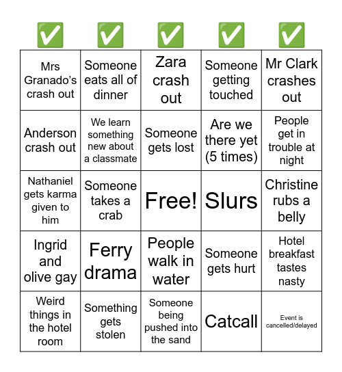 Outer Banks Trip Bingo Card