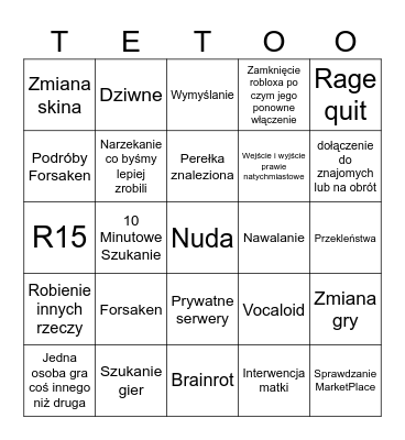 Roblox Time Bingo Card
