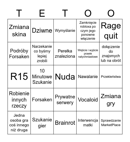 Roblox Time Bingo Card