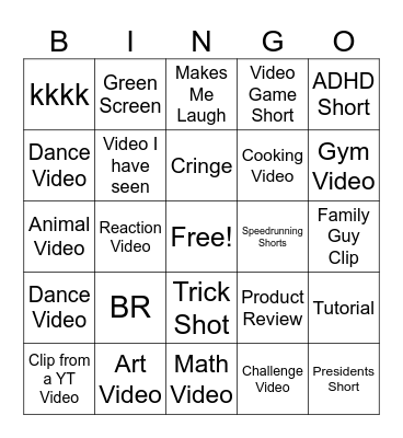 YT Shorts Bingo Card