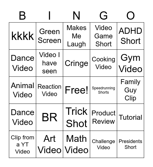 YT Shorts Bingo Card