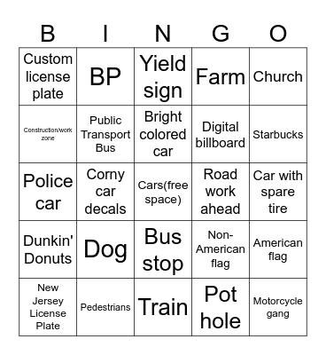 Road Trip Bingo Card