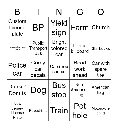 Road Trip Bingo Card