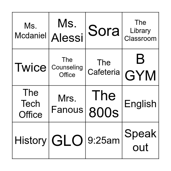 E e Bingo Card