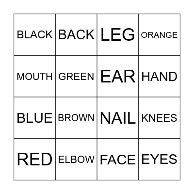 BODY PARTS & COLOURS Bingo Card