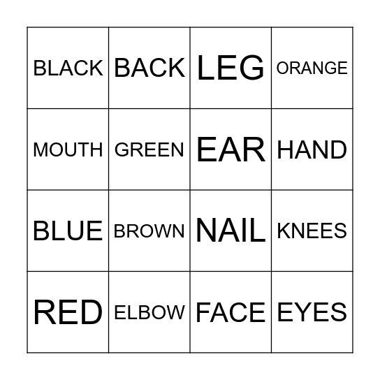 BODY PARTS & COLOURS Bingo Card