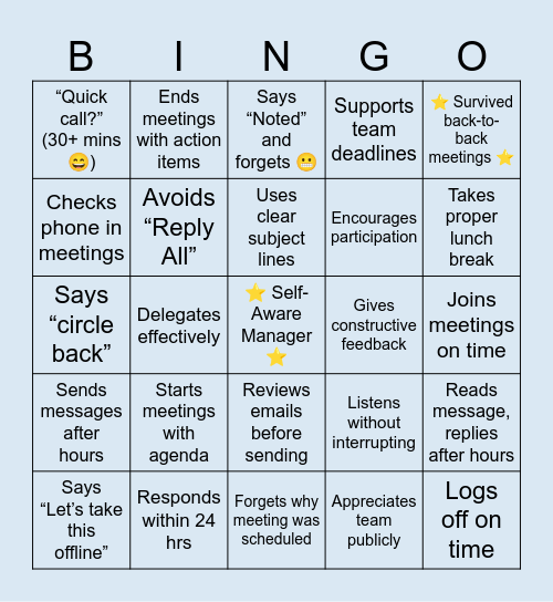 🎉 Manager Reality Bingo Card