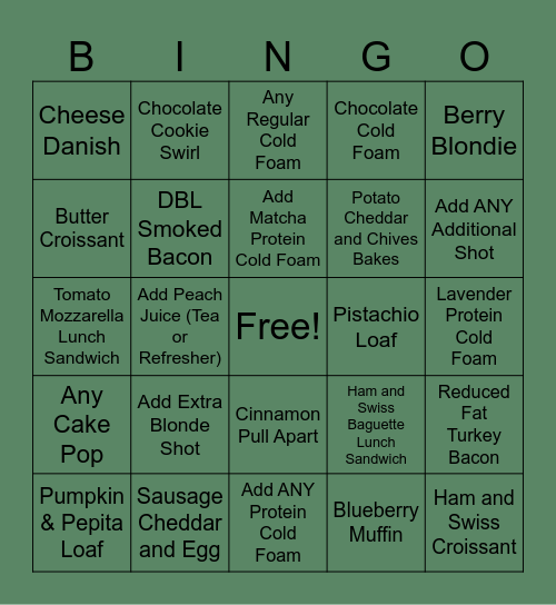 Starbucks Upselling Bingo Card