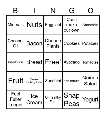Nutrition Bingo Card