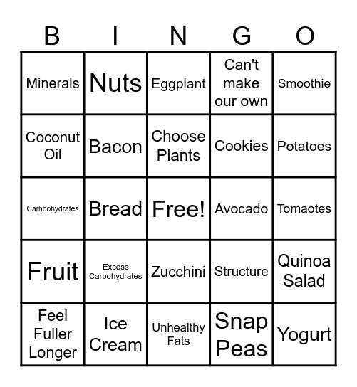 Nutrition Bingo Card