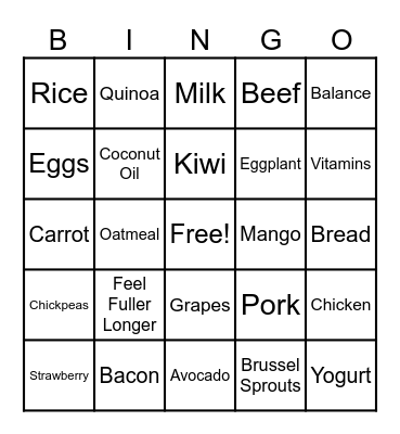Nutrition Bingo Card