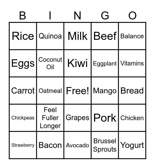 Nutrition Bingo Card