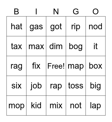 CVC-1 vowel Bingo Card