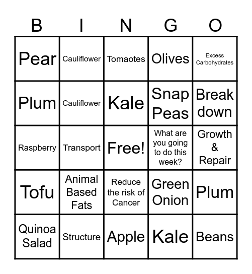 Nutrition Bingo Card