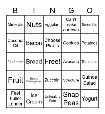 Nutrition Bingo Card