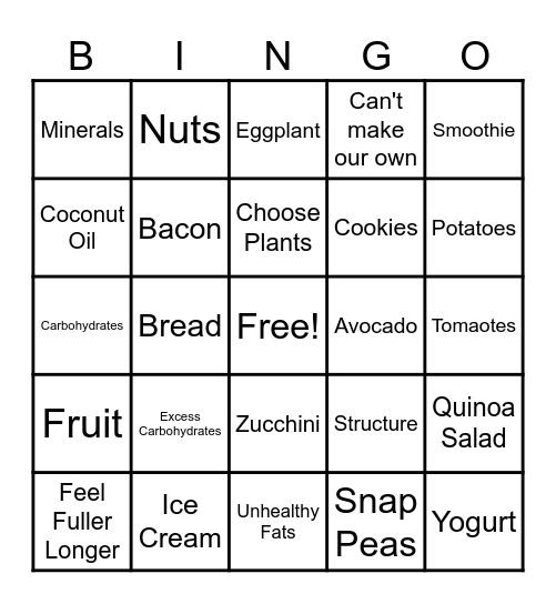 Nutrition Bingo Card