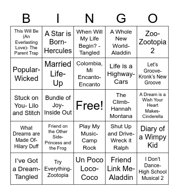 Disney Songs! Bingo Card