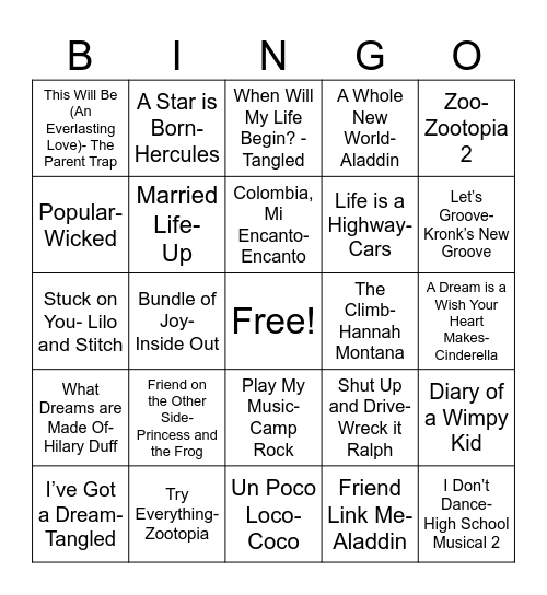 Disney Songs! Bingo Card