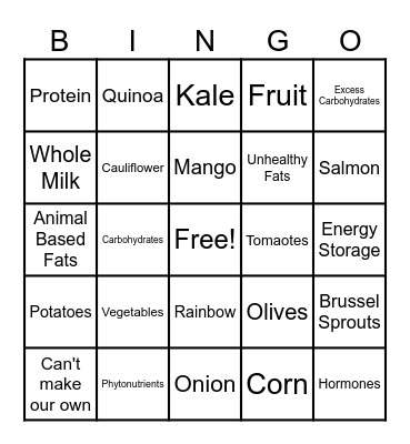 Nutrition Bingo Card
