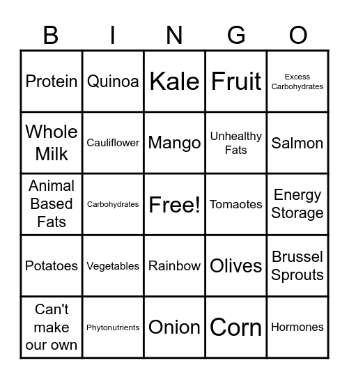 Nutrition Bingo Card