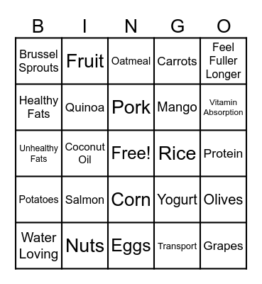 Nutrition Bingo Card