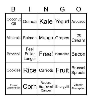 Nutrition Bingo Card