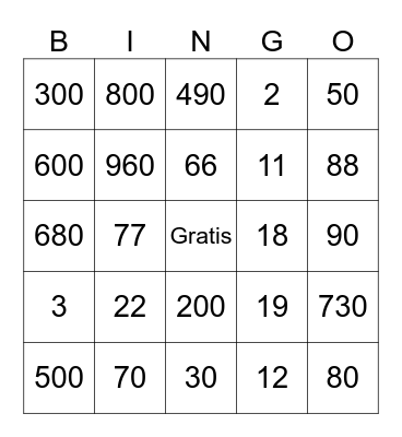 Spanish Numbers Bingo Card