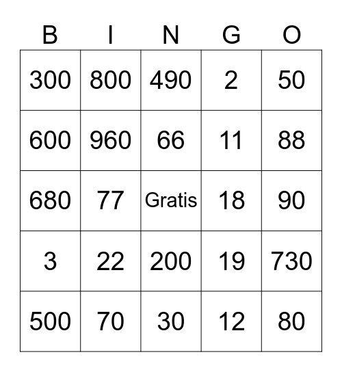 Spanish Numbers Bingo Card