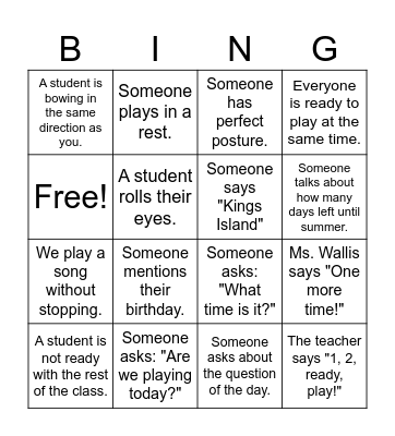 Orchestra Class Bingo Card