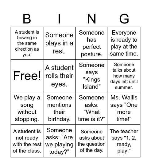 Orchestra Class Bingo Card