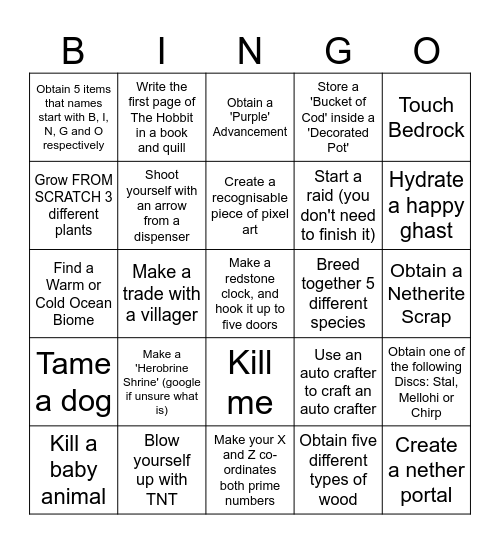 Fflur's Minecraft Bingo Card Bingo Card