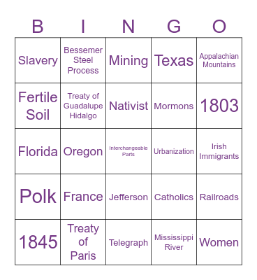 Westward Expansion/Industrialization Bingo Card