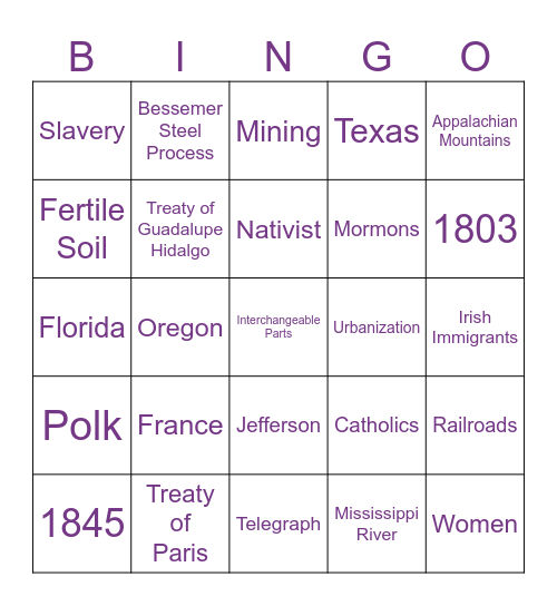 Westward Expansion/Industrialization Bingo Card