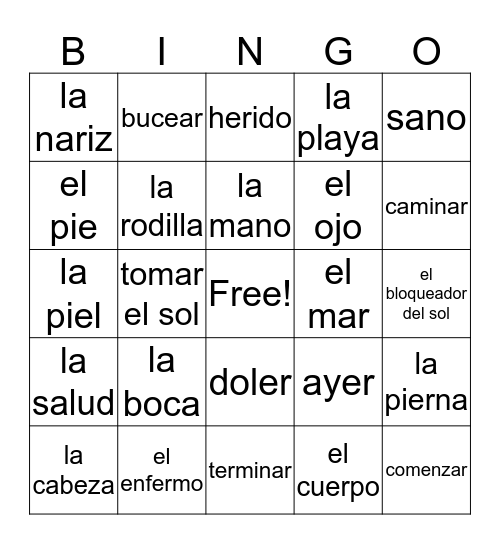 Spanish Bingo Card
