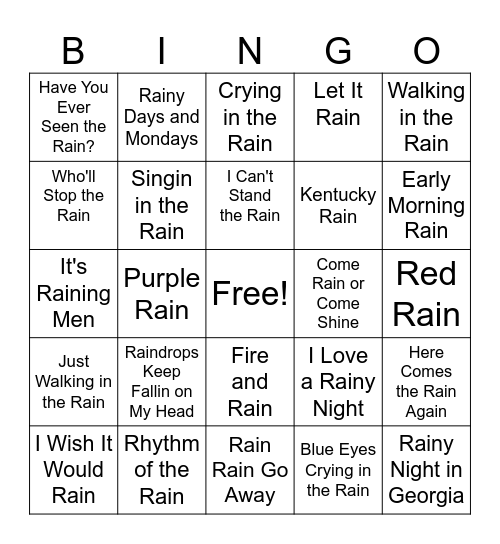 Rain Song Bingo Card