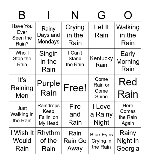 Rain Song Bingo Card