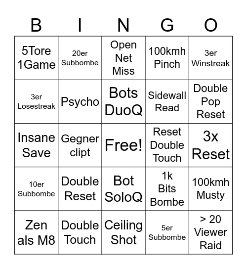 Rocket League Bingo Card