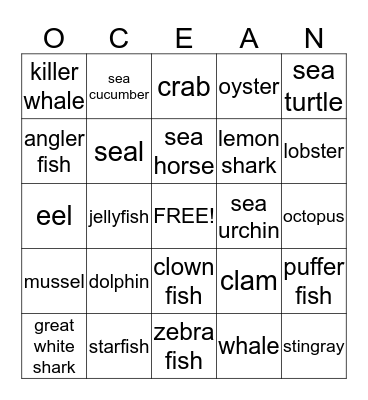 Sea animal Bingo Card